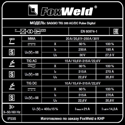 Аппарат аргонодуговой сварки FOXWELD SAGGIO TIG 300 AC/DC PULSE DIGITAL фото в интернет-магазине "Салмет"