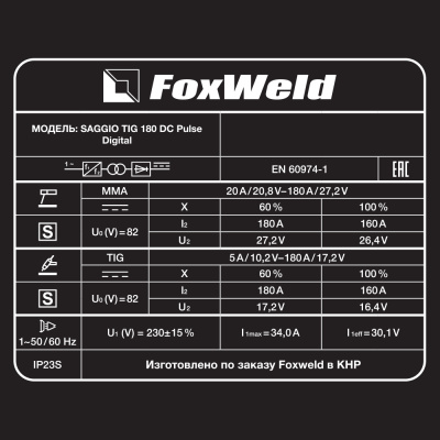 Аппарат аргонодуговой сварки FOXWELD SAGGIO TIG 180 DC Pulse Digital (пр-во FoxWeld/КНР) фото в интернет-магазине "Салмет"