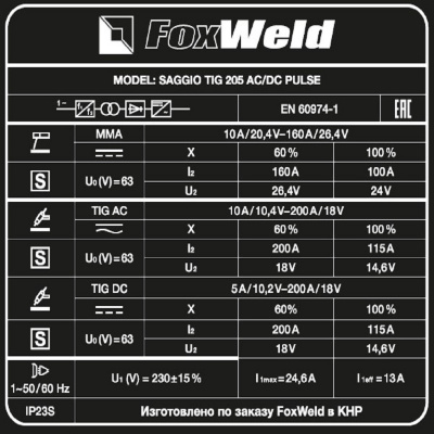 Аппарат аргонодуговой сварки FOXWELD SAGGIO TIG 205 AC/DC Pulse фото в интернет-магазине "Салмет"